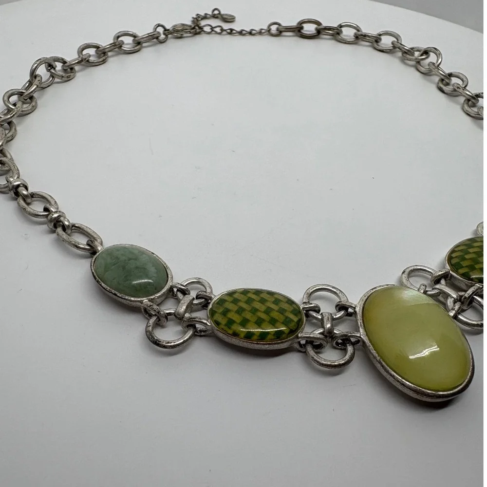 Liz Claiborne Silver‎ Tone Statement Necklace Green Stone Oval Pendant Bib Style